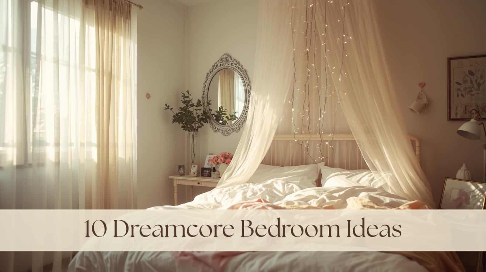 Cozy bedroom with canopy bed, fairy lights, and soft sunlight, perfect for dreamy bedroom decor ideas.