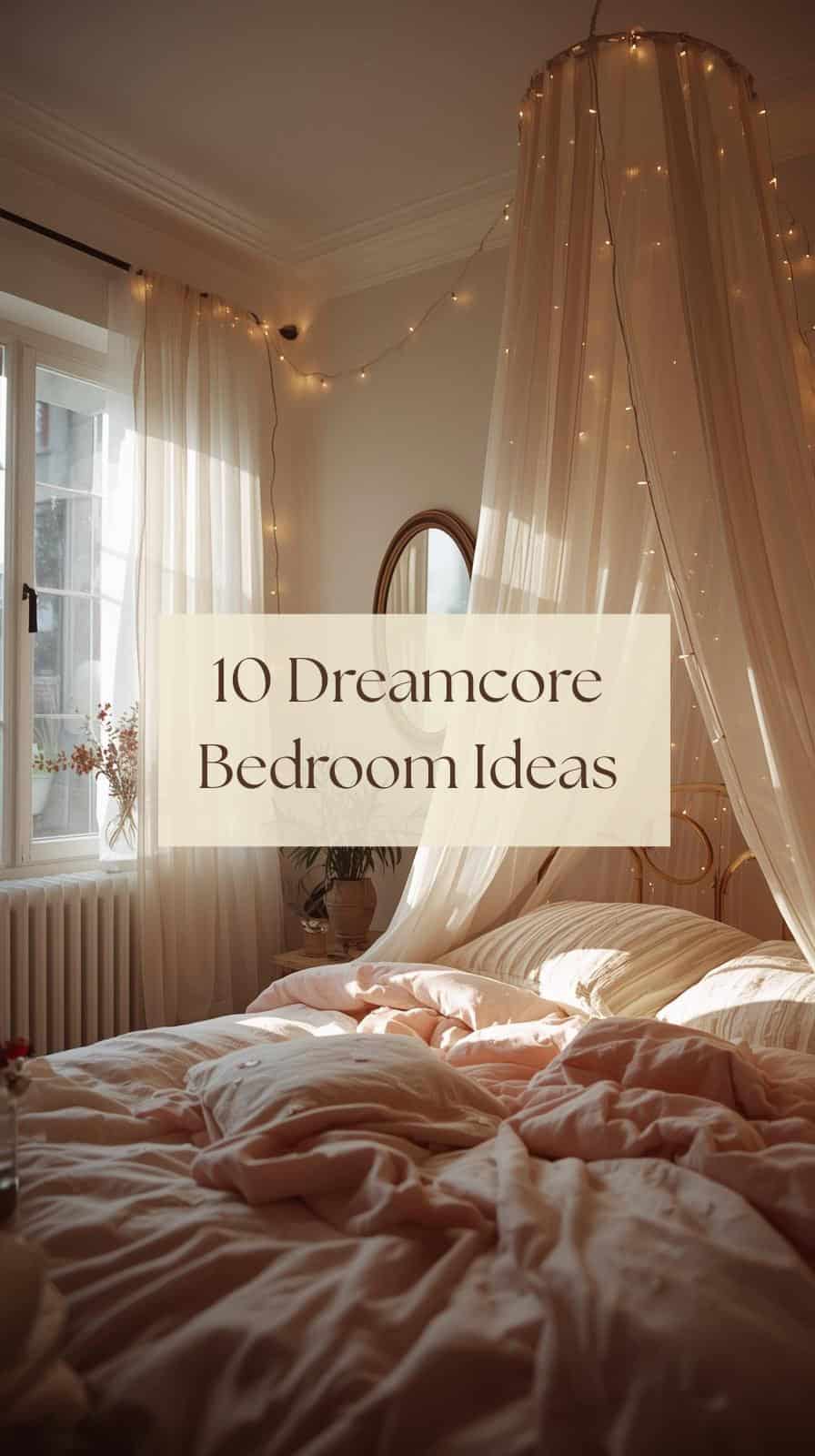 Cozy bedroom with soft pink bedding, canopy, and fairy lights creating a dreamy ambiance.