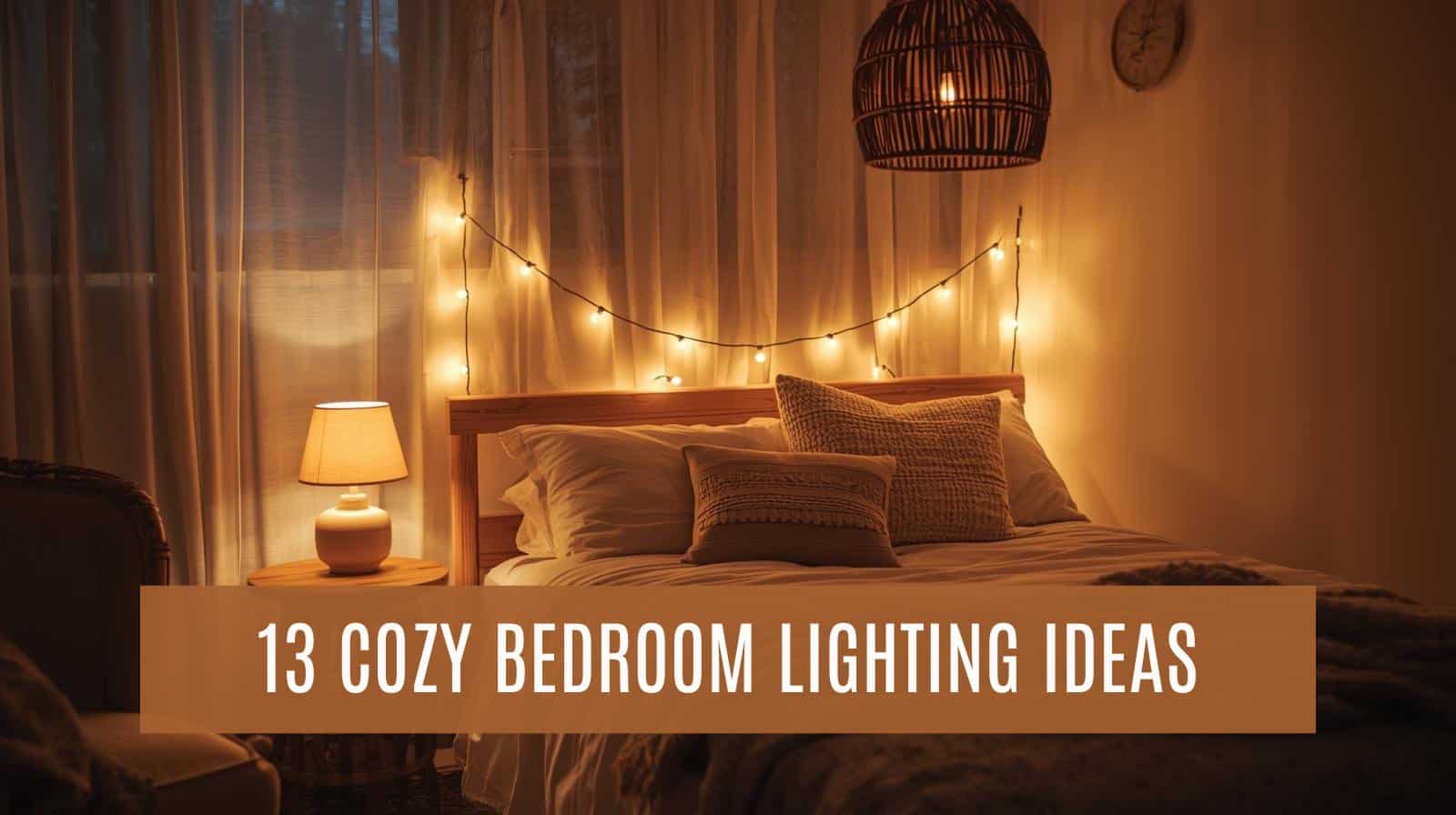Cozy bedroom with warm string lights and soft lighting creating a relaxing ambiance.