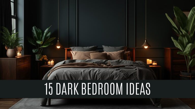 Cozy dark bedroom with black accent walls, warm lighting, and elegant wooden furniture, ideal for a modern, sophisticated sleep space.