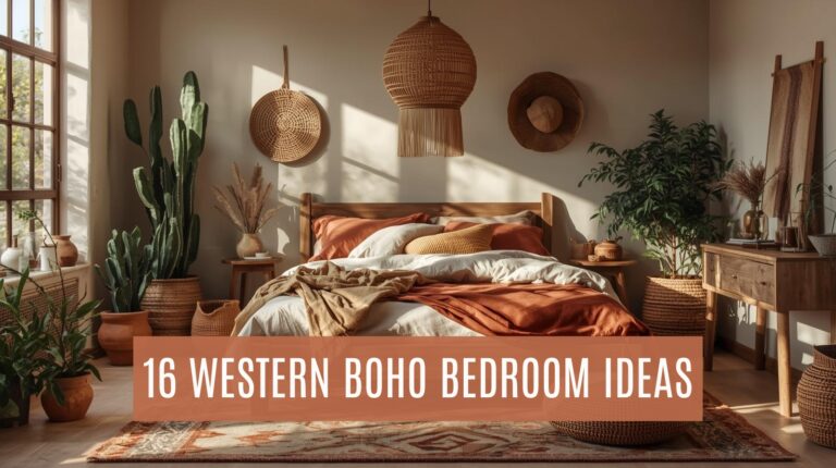 Cozy boho bedroom with warm earthy tones, wicker accents, and lush greenery for a stylish Western-inspired look.