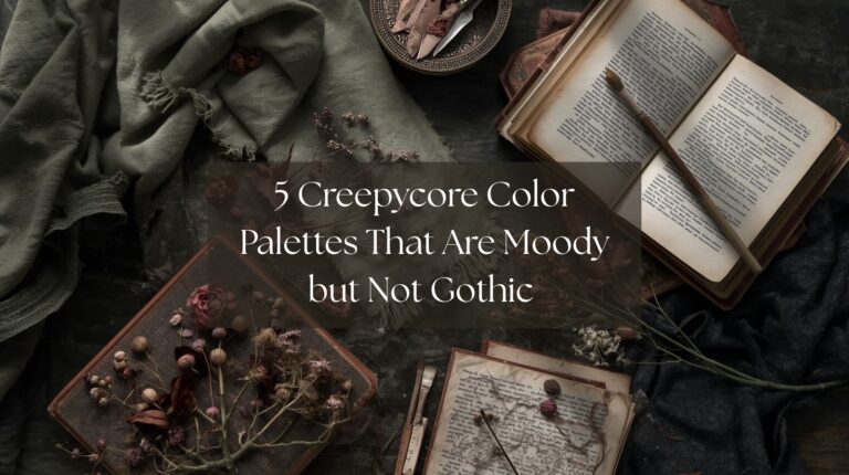 Flat lay of muted moss, dusty rose, and charcoal tones with dried flowers, vintage books, and rustic textures in soft natural light.