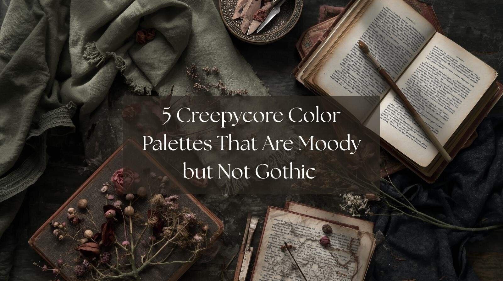 Flat lay of muted moss, dusty rose, and charcoal tones with dried flowers, vintage books, and rustic textures in soft natural light.