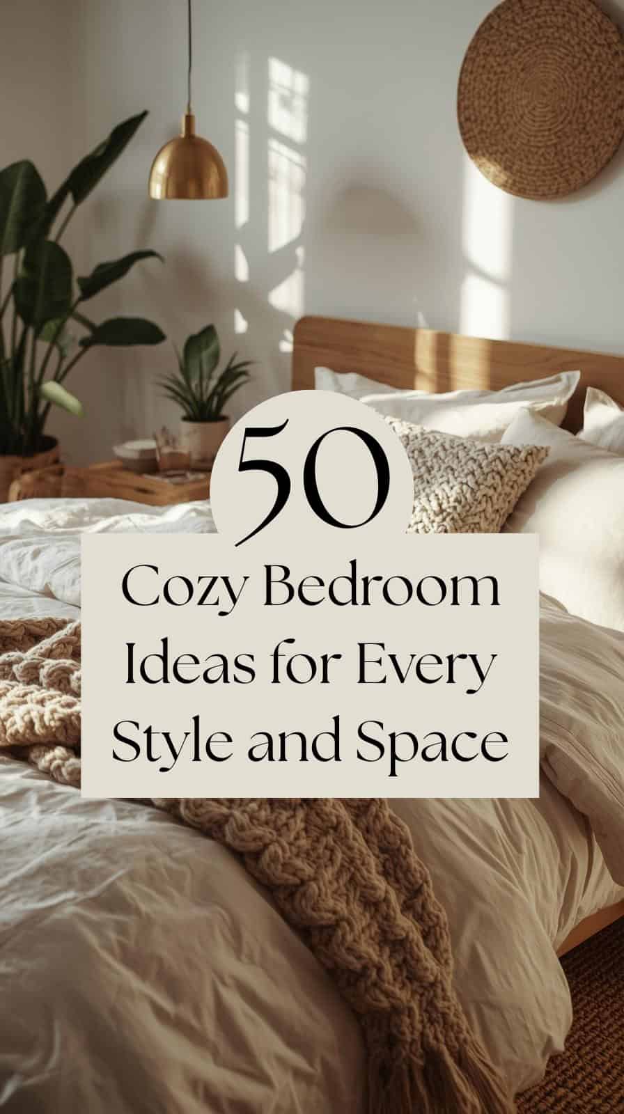 Cozy bedroom with linen bedding, a chunky knit throw, natural wood furniture, and warm lamplight. Potted plants and woven textures create a calm, inviting atmosphere in soft neutral tones.