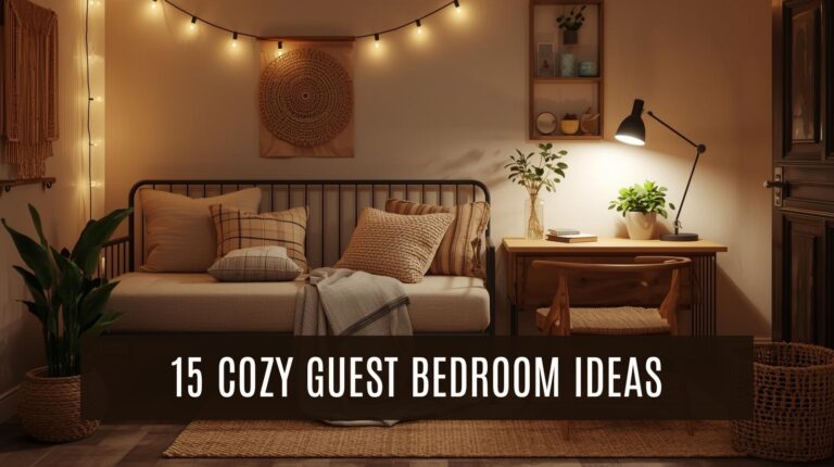 Cozy guest bedroom decor, warm lighting, boho style, inviting ambiance, home decorating tips.