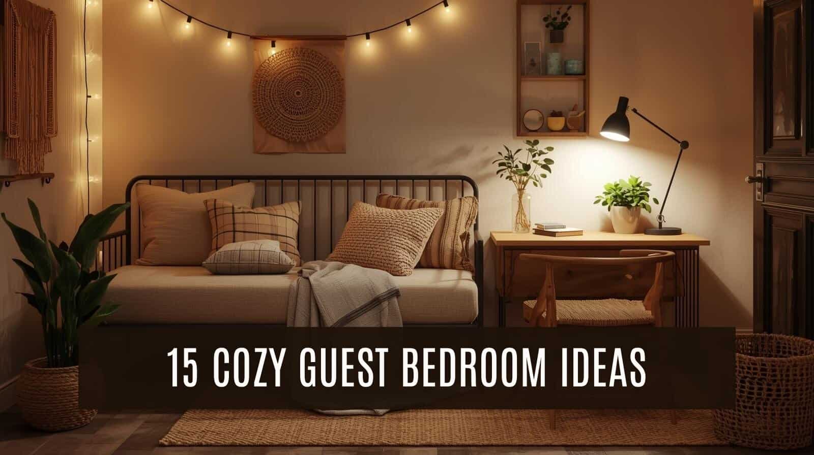 Cozy guest bedroom decor, warm lighting, boho style, inviting ambiance, home decorating tips.