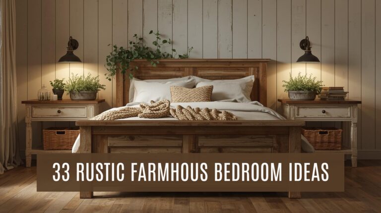 Cozy rustic farmhouse bedroom with wooden bed frame and warm lighting, perfect for relaxed living.