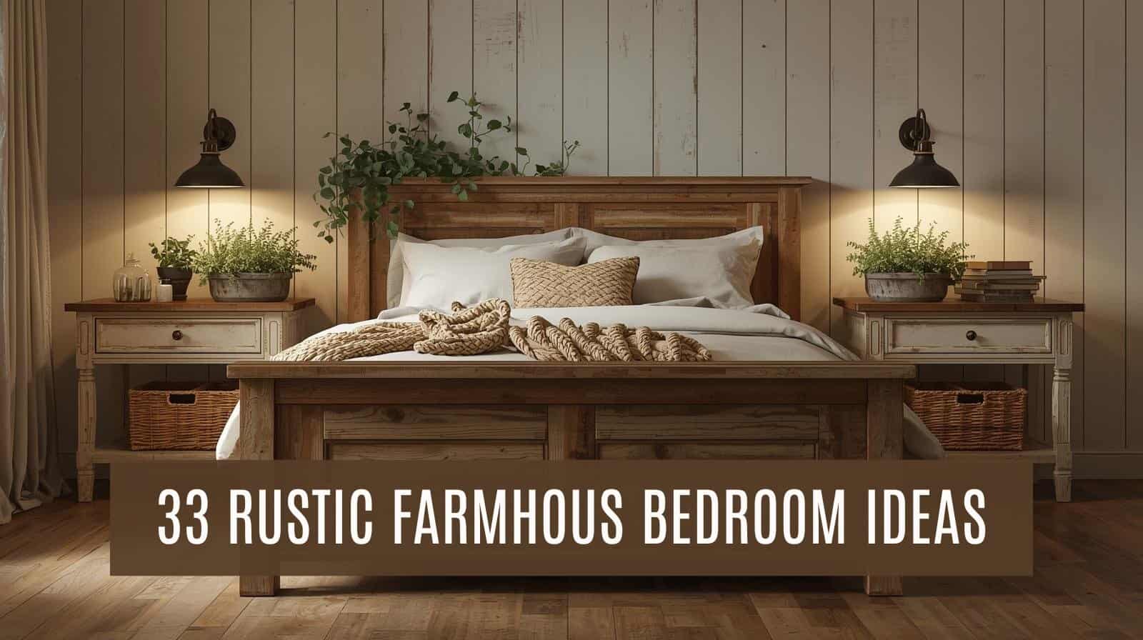 Cozy rustic farmhouse bedroom with wooden bed frame and warm lighting, perfect for relaxed living.
