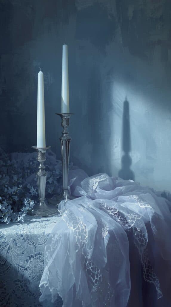 Candles on a lace tablecloth with flowers, romantic home decor, elegant candle display, cozy ambiance, romantic setting.