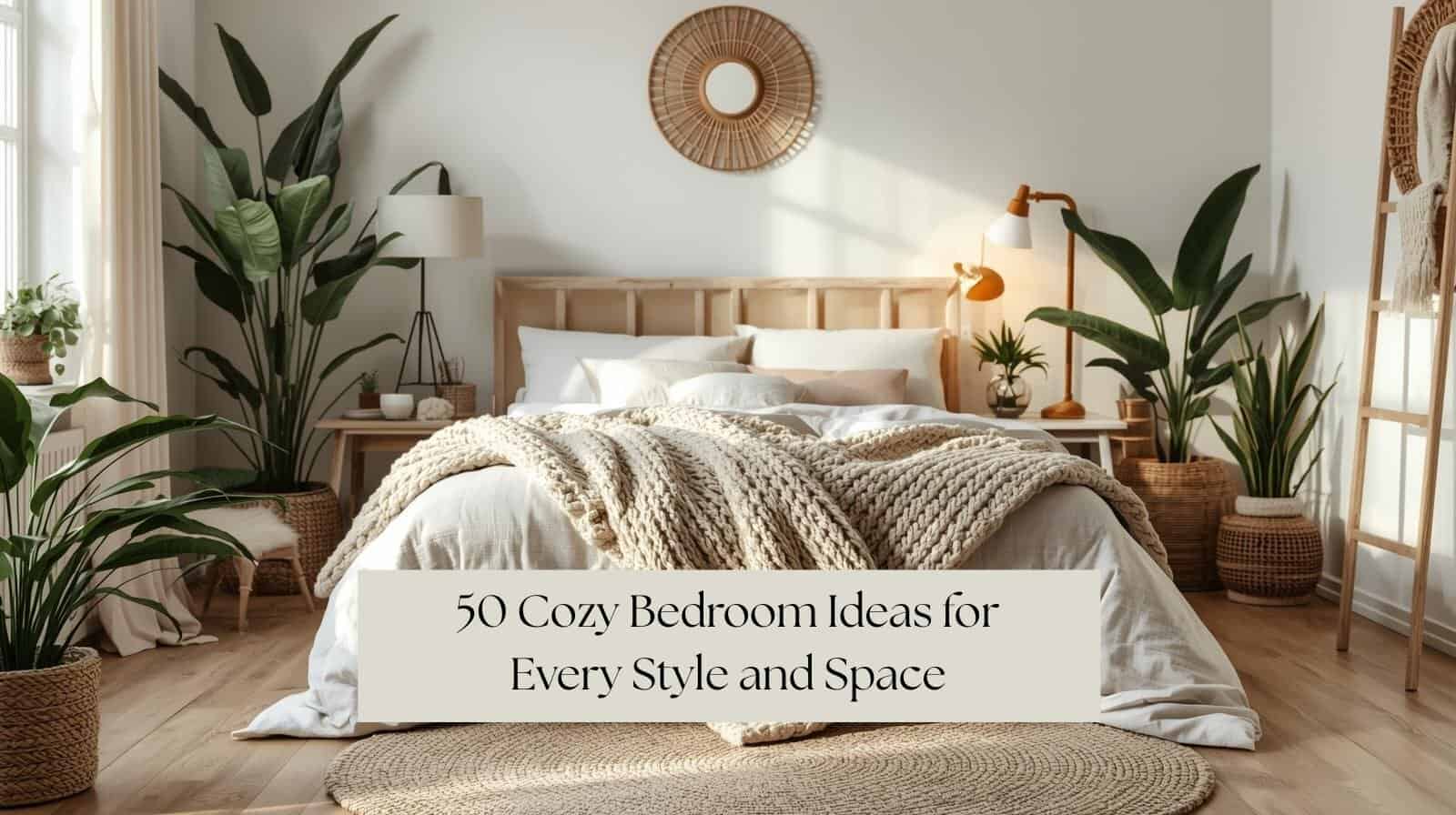 Cozy bedroom with linen bedding, a chunky knit throw, natural wood furniture, and warm lamplight. Potted plants and woven textures create a calm, inviting atmosphere in soft neutral tones.