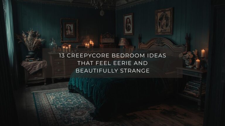 A dark and cozy creepycore bedroom with velvet bedding, vintage furniture, dried flowers, and warm candlelight in a moody, lived-in setting.