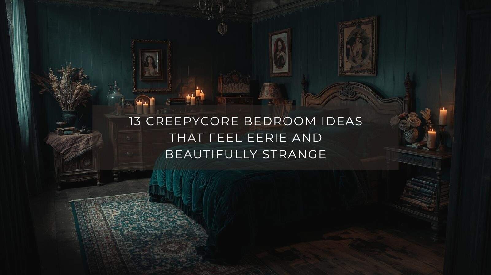 A dark and cozy creepycore bedroom with velvet bedding, vintage furniture, dried flowers, and warm candlelight in a moody, lived-in setting.