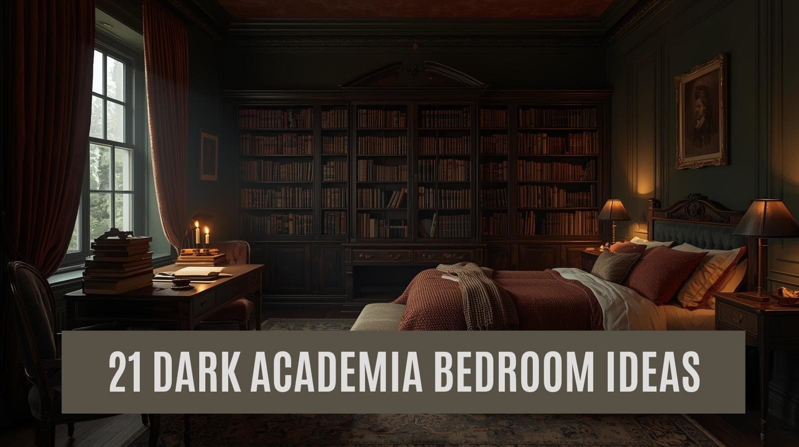 Cozy dark academia bedroom with rich wood paneling and vintage decor, perfect for book lovers and scholars.