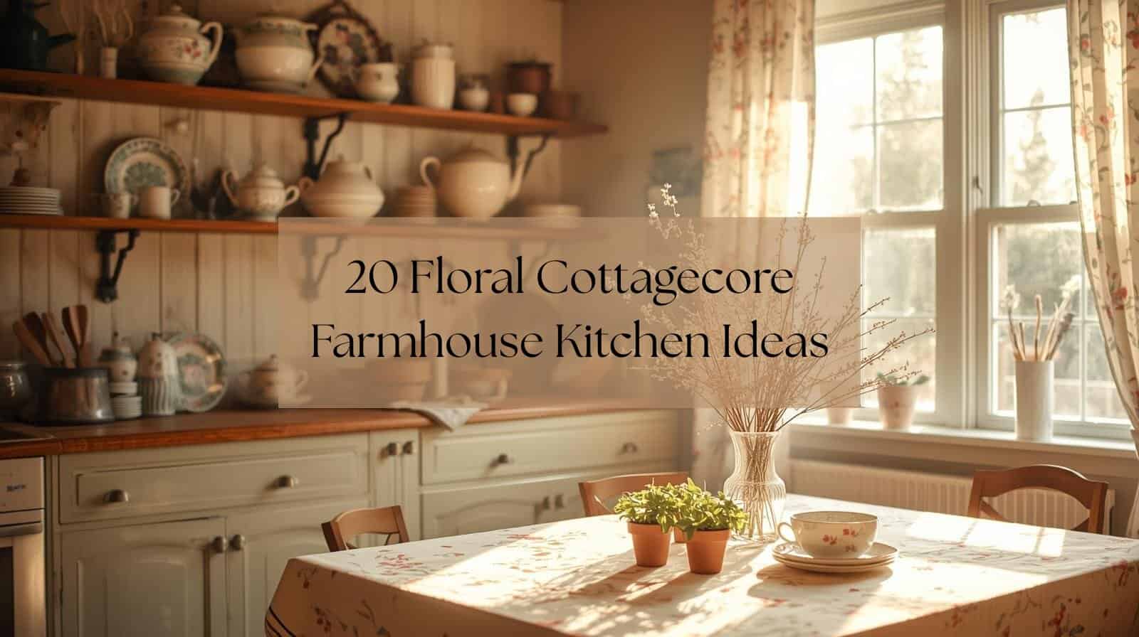 Cozy cottage kitchen with farmhouse style decor and floral accents, sunny window light, vintage dishes and wooden furniture.