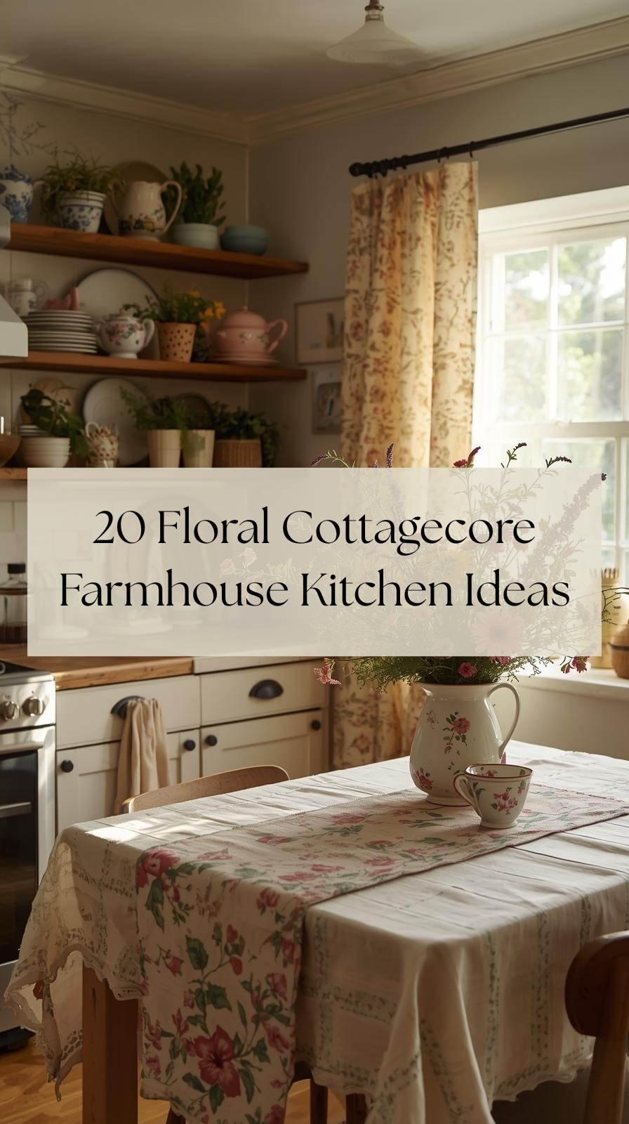 Floral cottagecore farmhouse kitchen interior with vintage tablecloth and floral decor.