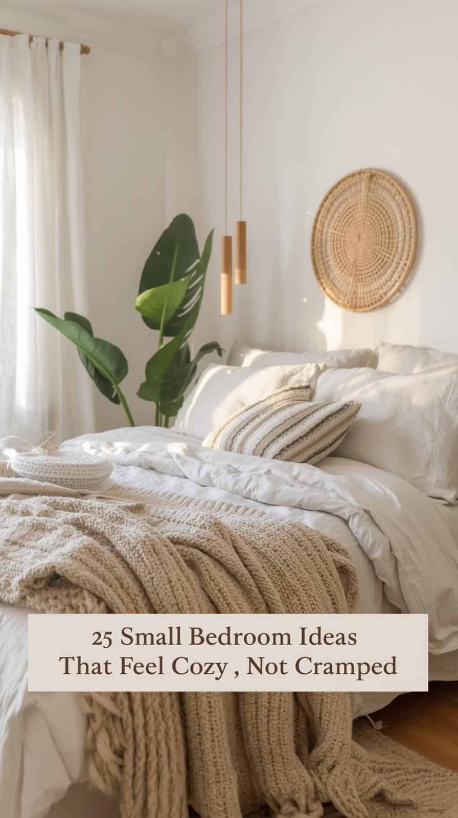 A cozy small bedroom decorated in soft neutral tones with linen bedding, a chunky knit throw, wooden furniture, and warm lighting. Potted plants and woven textures add warmth and charm, creating a peaceful, clutter-free space that feels calm and inviting.