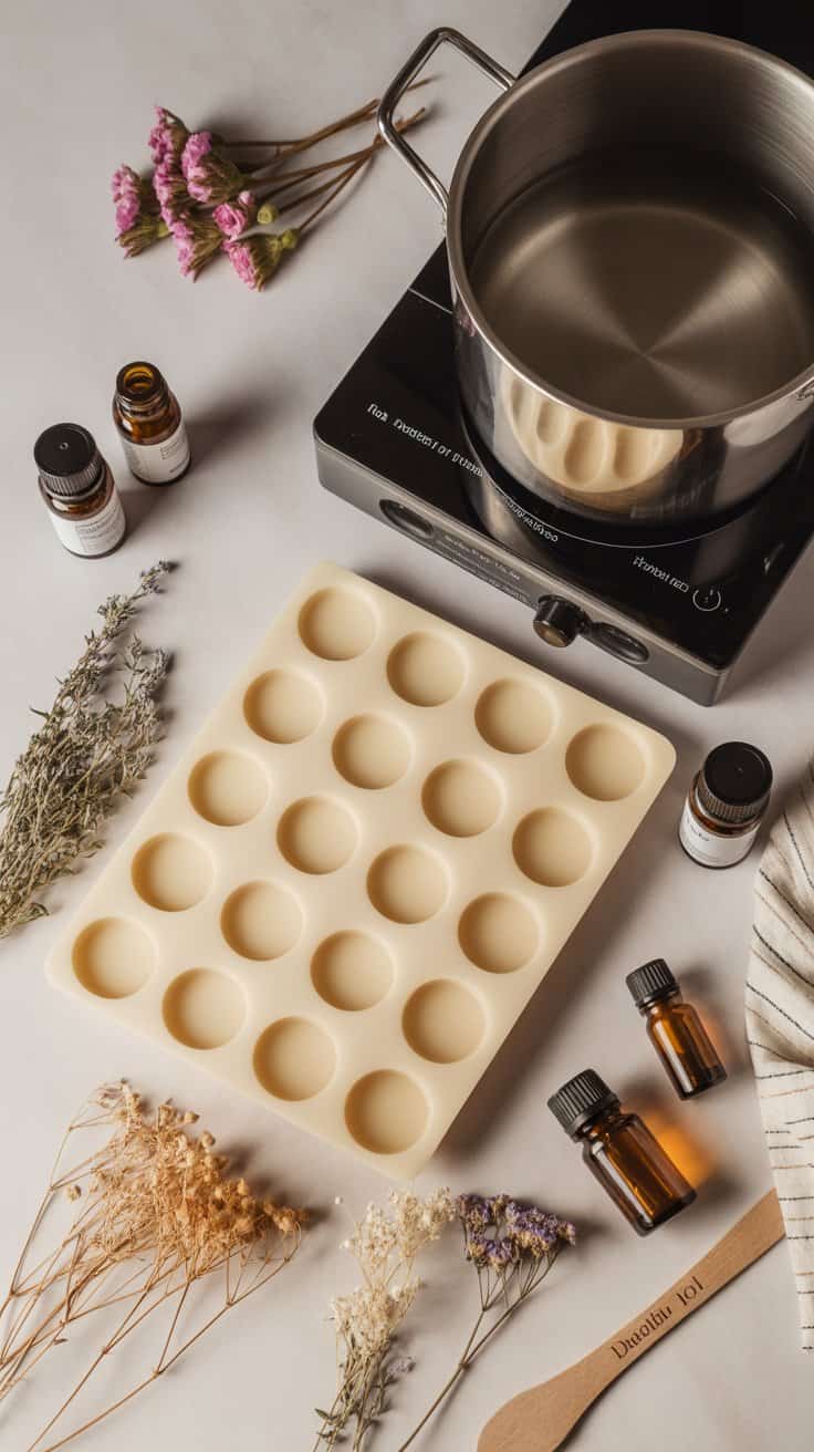 Aromatherapy candle making kit with essential oils, silicone mold, and melting pot.