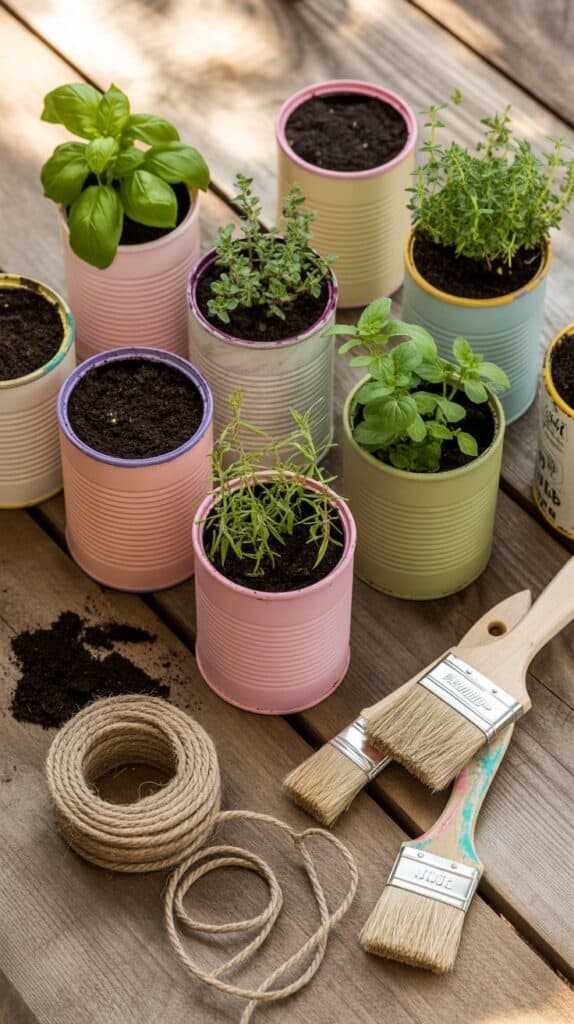 Brightly painted cans with fresh herbs, soil, and gardening tools on wooden outdoor table.
