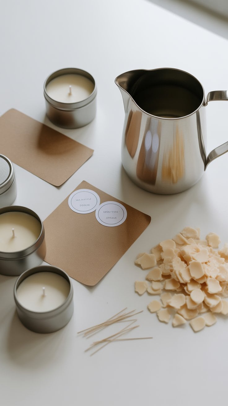 Elegant candle-making supplies with soy wax, fragrance, and wicks for DIY candles.