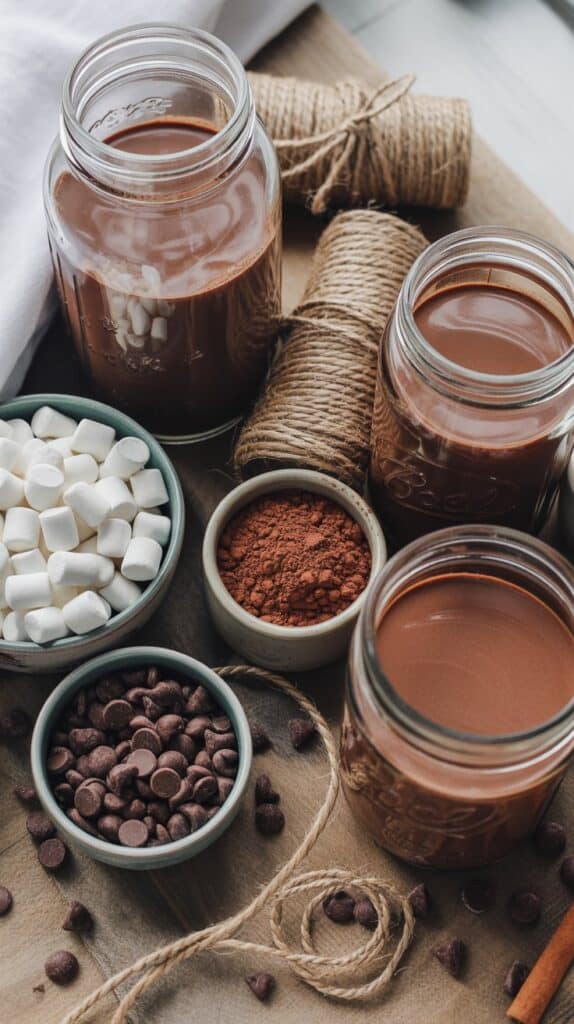 Rich hot chocolate in glass jars, surrounded by marshmallows, cocoa powder, and chocolate chips.