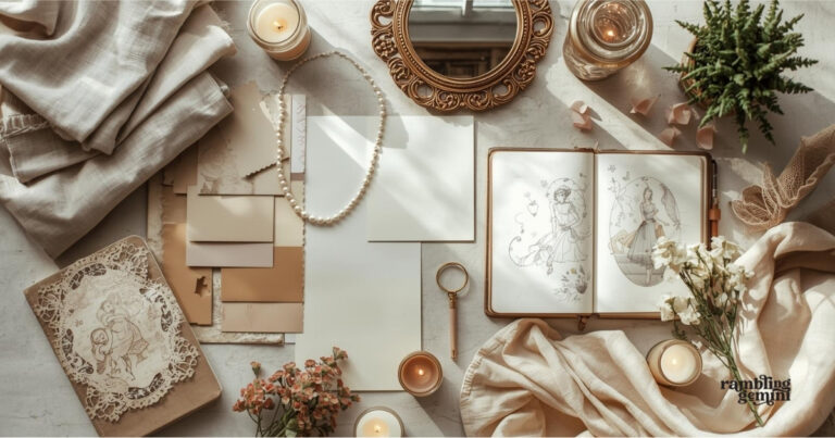 Soft neutral-colored stationery, candles, and decorative items for creative journaling and art projects.