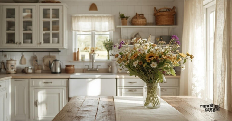 Cozy farmhouse kitchen with fresh flower bouquet on wooden table.