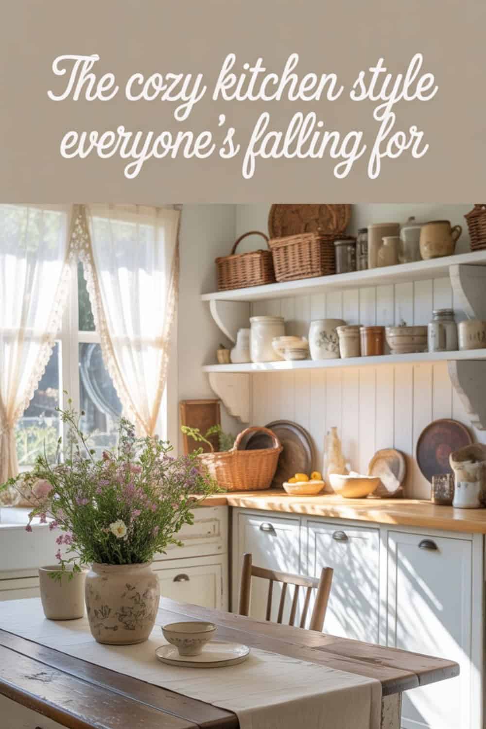 Cozy kitchen decor with open shelves and natural light.