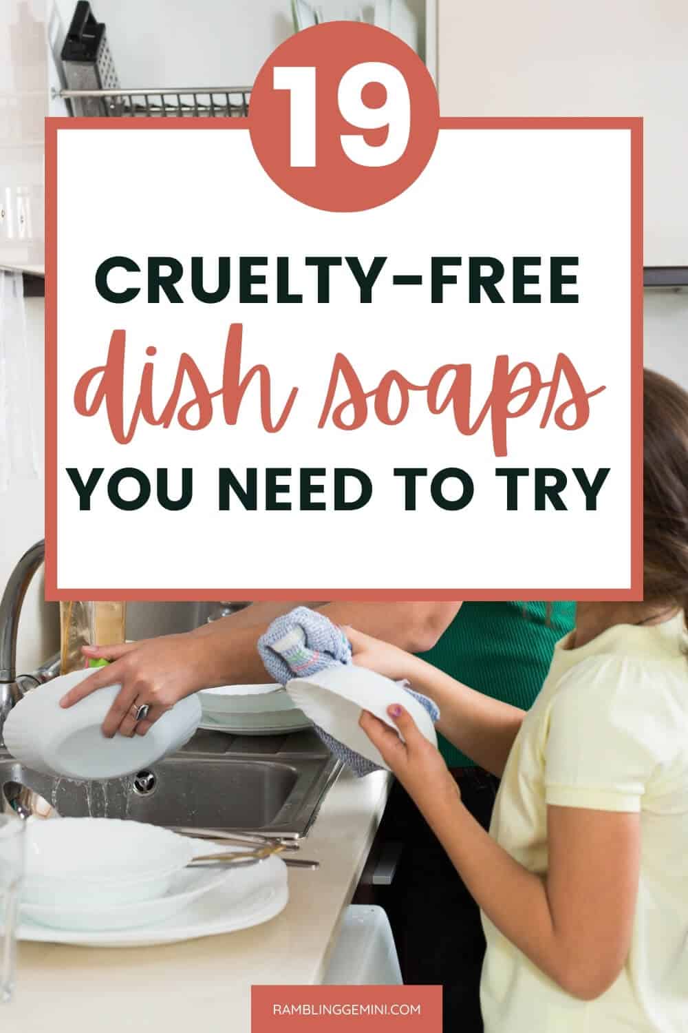 Image of a child and adult washing dishes with cruelty-free dish soap on a kitchen sink.