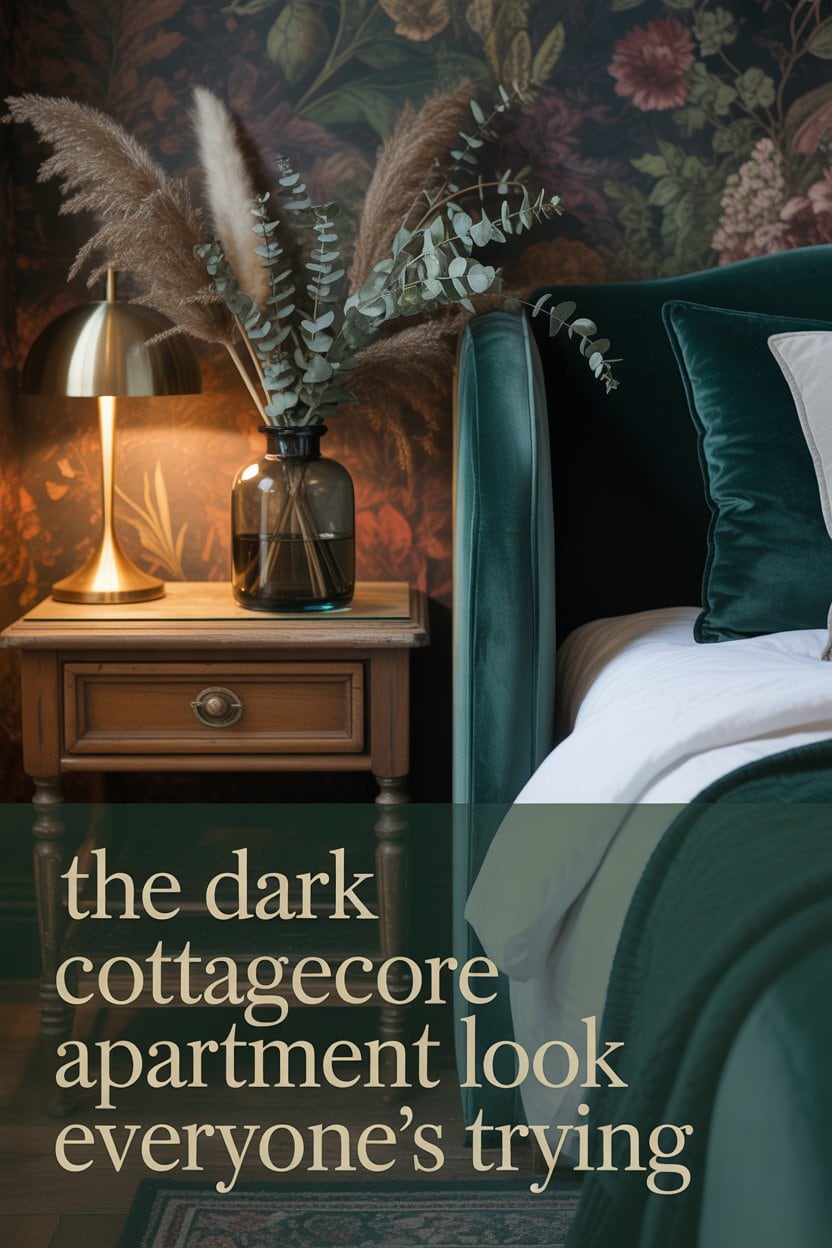 Dark cottagecore bedroom decor with lush velvet bed and botanical wallpaper.