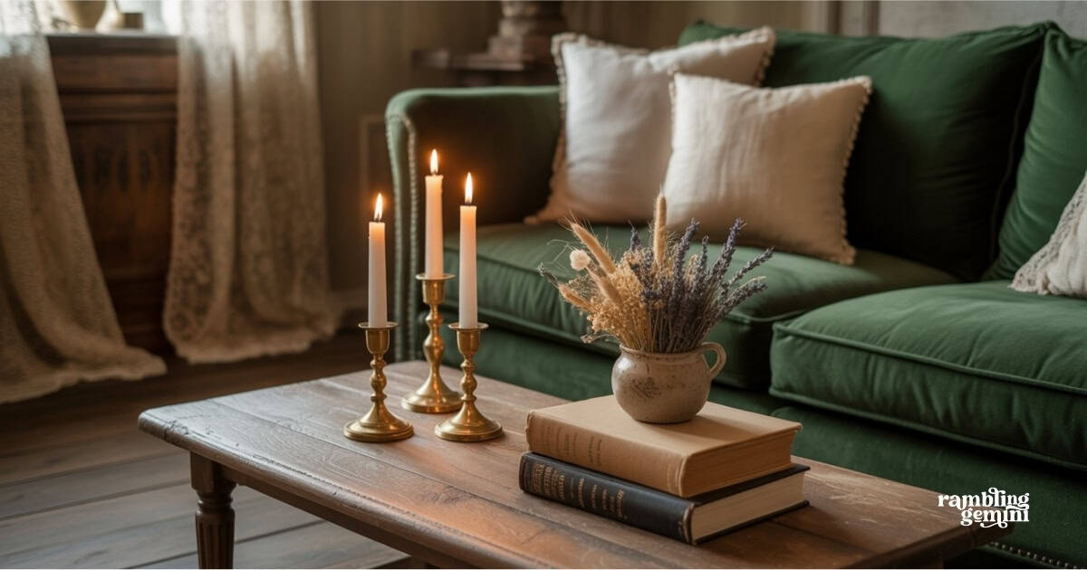Soft lighting with candles on a rustic coffee table in a cozy living room.