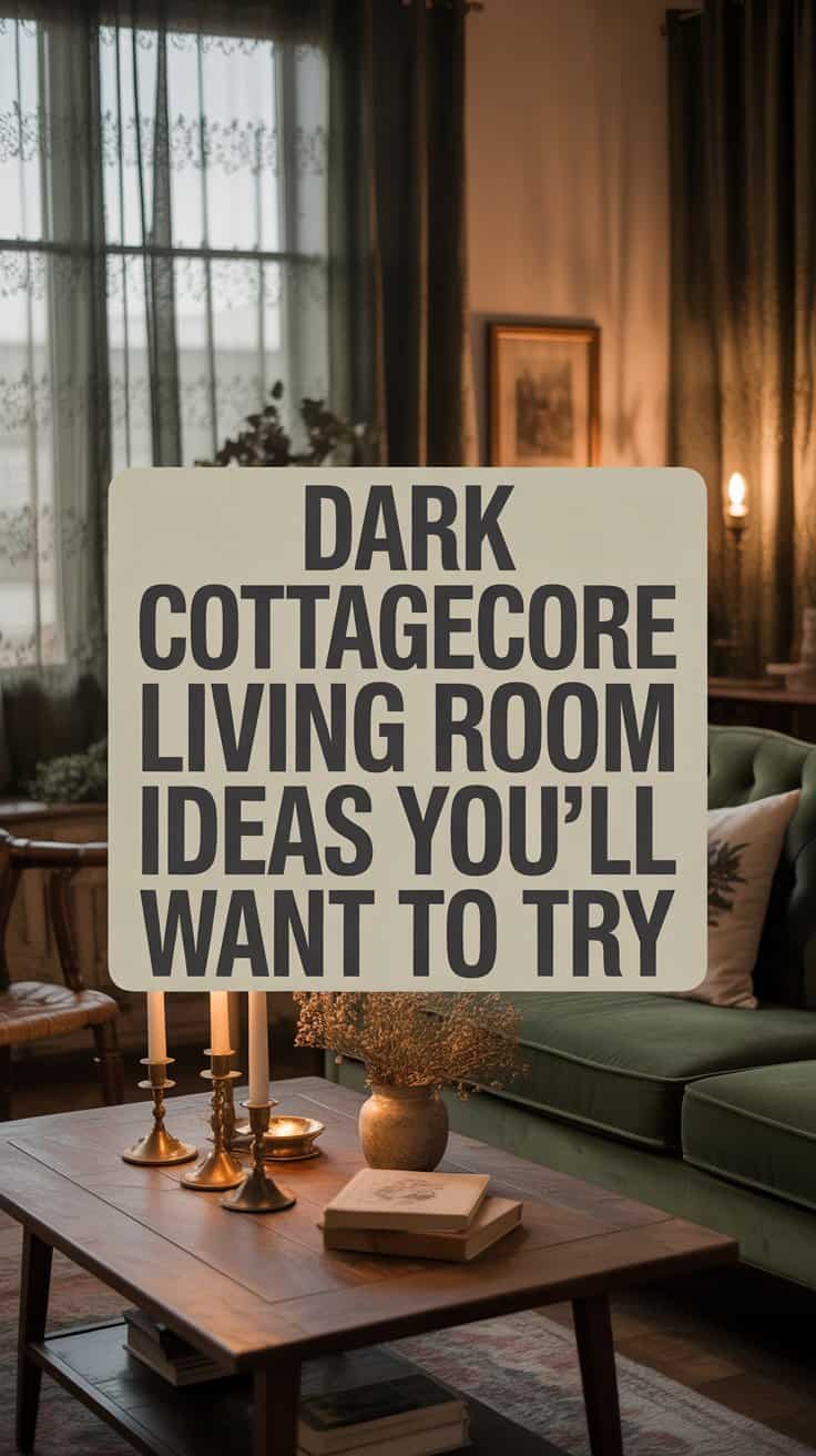 Cozy dark cottage living room with vintage decor and candles.