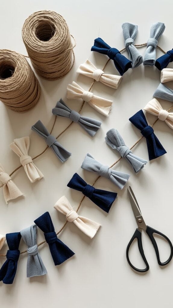 Cute fabric bows with twine for crafts or décor.