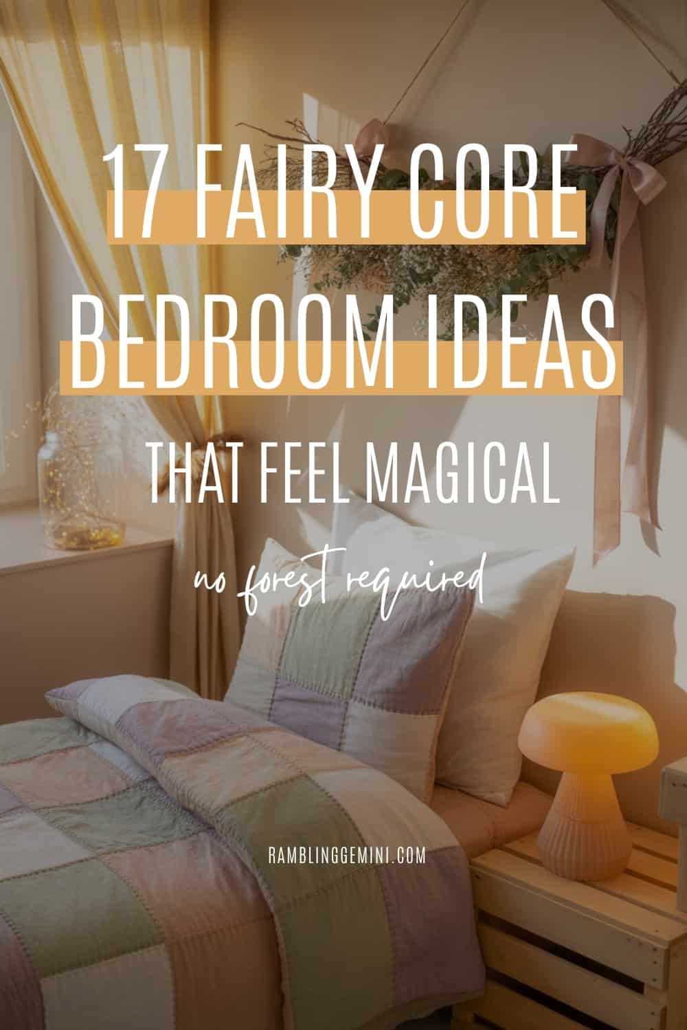 Floral fairy core bedroom decor with pastel bedding and warm lighting.