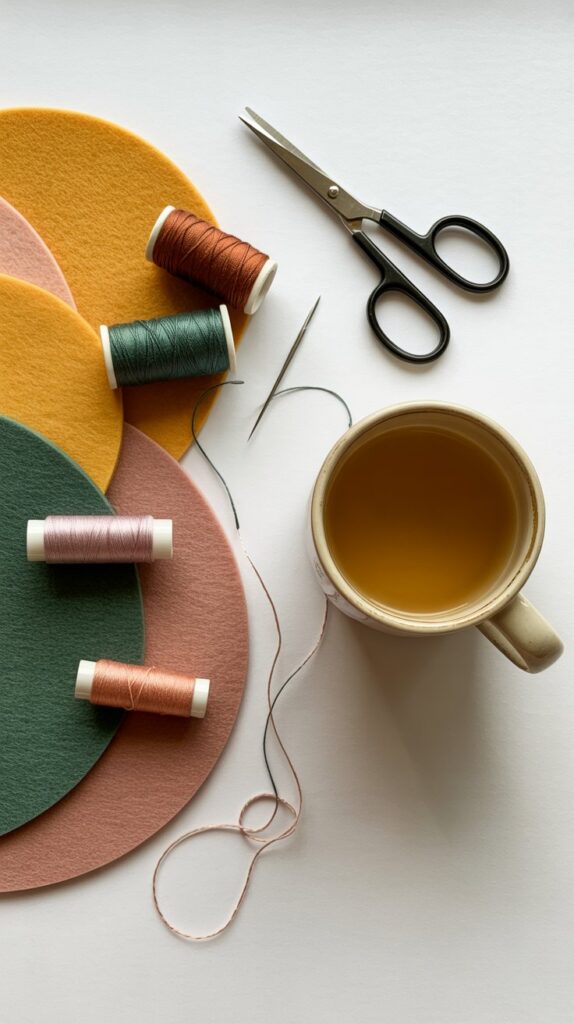 Sewing scissors, thread spools, needle, and felt fabric pieces for crafts and DIY sewing projects.