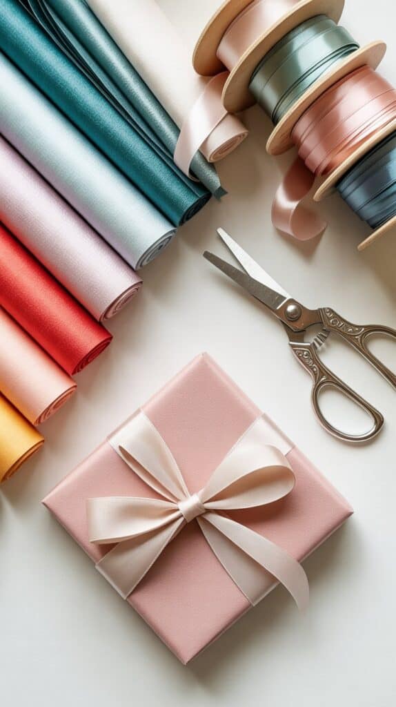 Colorful fabric rolls with sewing ribbons and vintage scissors for craft projects. Perfect for gift wrapping and sewing.