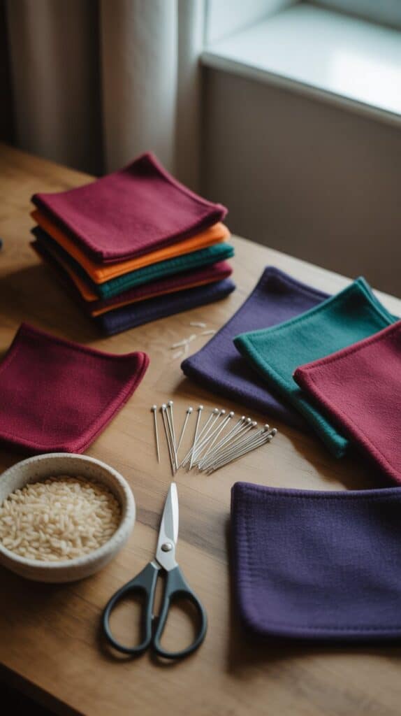 Richly colored fabric samples with sewing pins and scissors on a worktable for crafting.