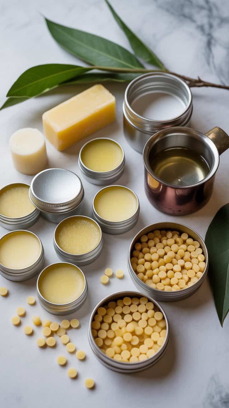 Pure soy candles and wax melts in metal tins with lush greenery decor.