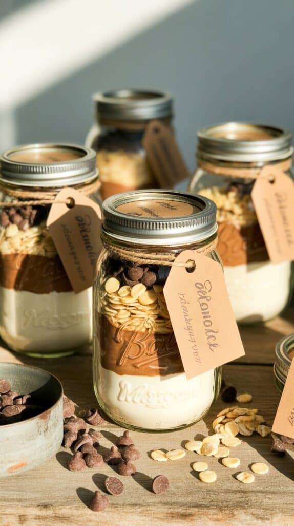 Delicious mason jar desserts with chocolate, oats, and creamy layers for gifts or treats.