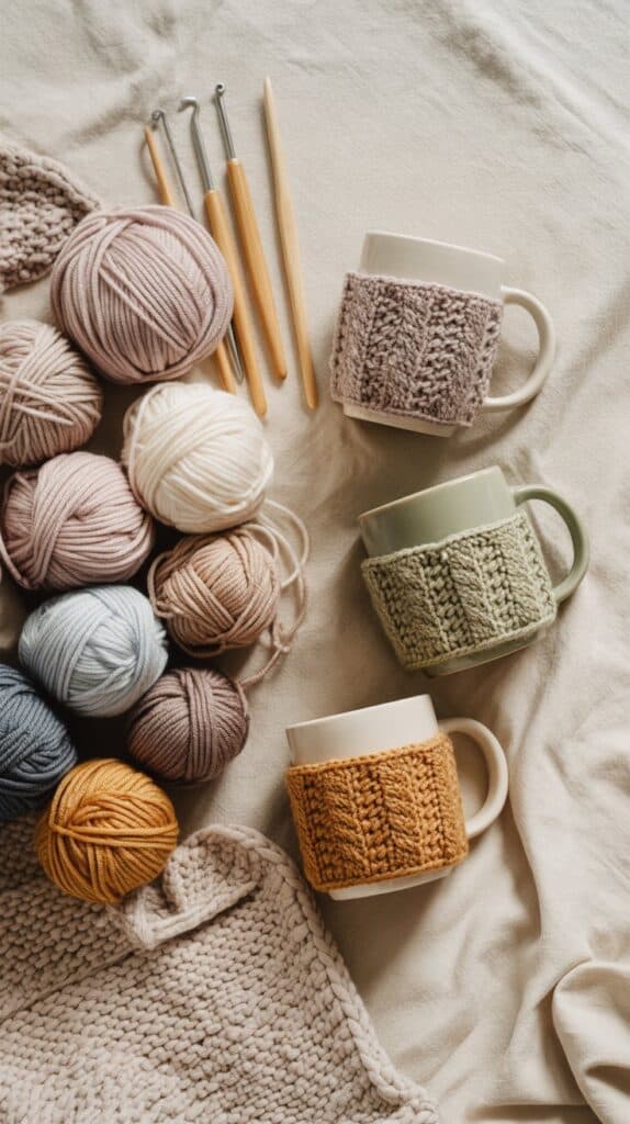 High-quality yarn balls, knitting needles, and cozy mugs with knitted covers for craft lovers.