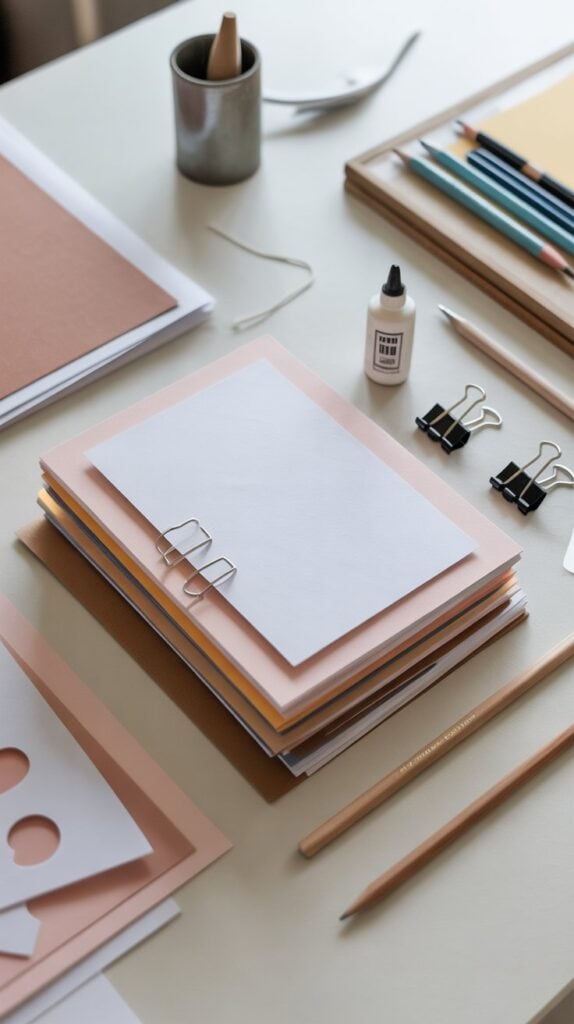 A neatly organized workspace with notebooks, pens, glue, and paper for creative projects.