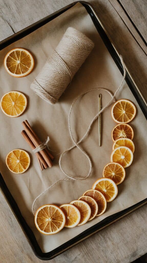 Bright orange slices arranged in a circular pattern on parchment paper with a spool of twine, cinnamon sticks, and a needle for craft projects.