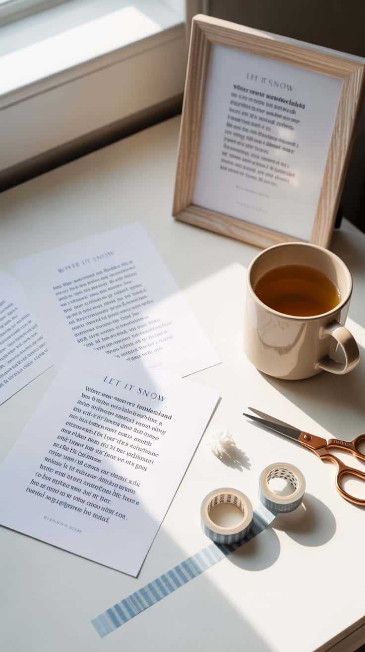 Cozy winter scene with framed poem, cup of tea, and decorative tape on a bright windowsill.