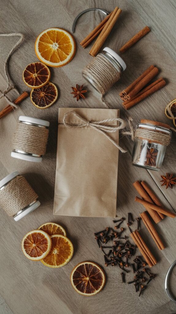 A cozy arrangement of cinnamon sticks, star anise, cloves, and dried orange slices on a wooden table for warm flavors and holiday baking.