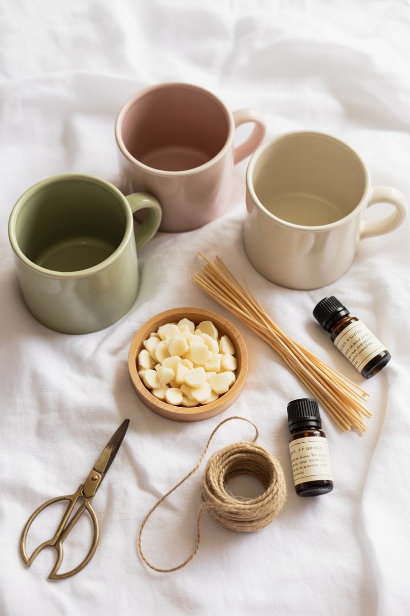 Alt: Candle-making supplies with mugs, wax, essential oils, and tools on white fabric.