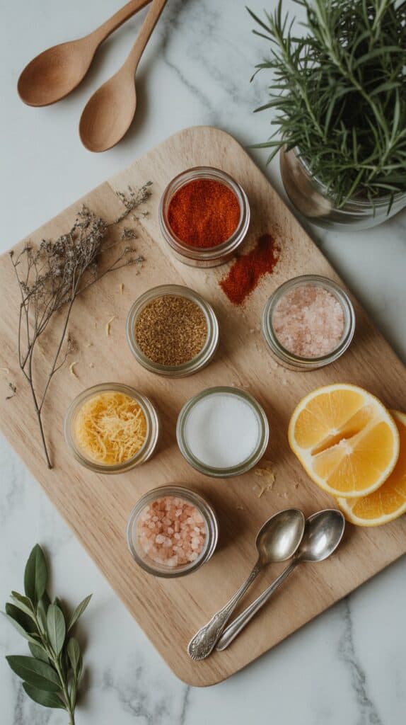 Assorted herbs and spices on wooden board for cooking and flavoring dishes.