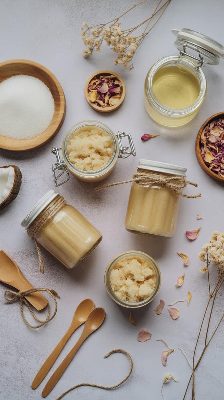 Natural skincare jars, body scrubs, oils, and dried flowers on white background.