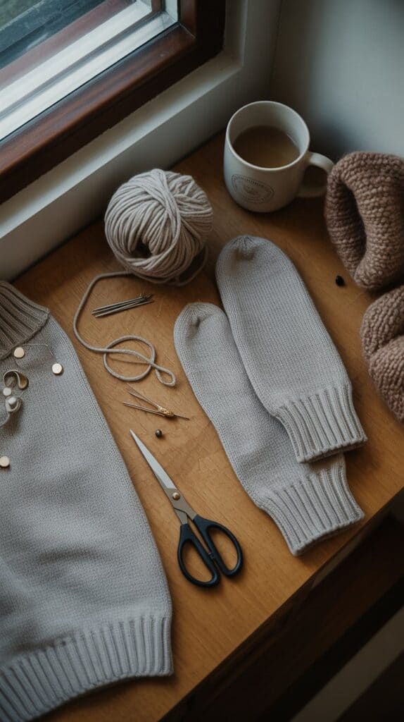 Warm socks and knitting supplies by the window, perfect for relaxing winter crafting.