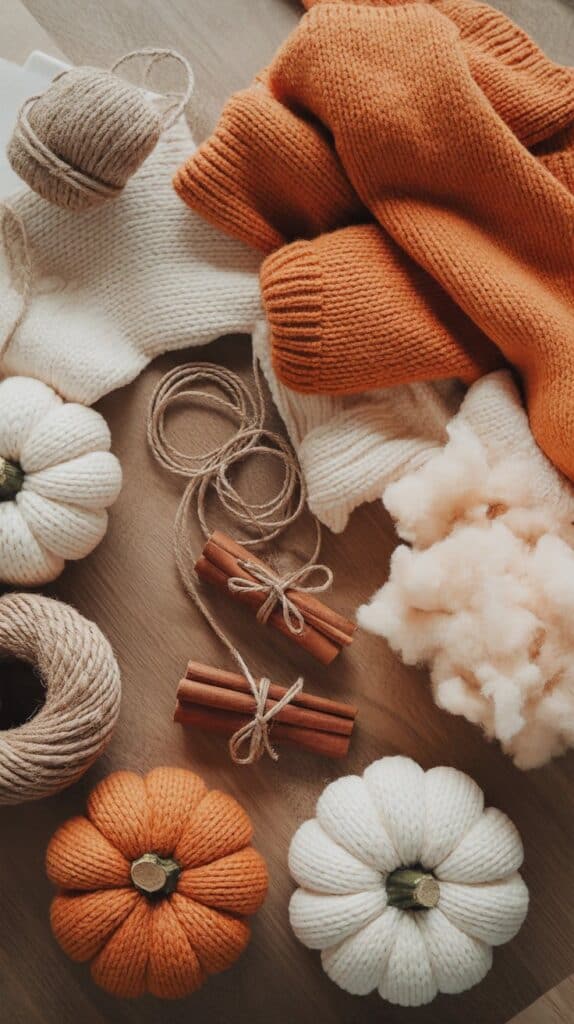Handmade autumn knitwear with pumpkins and cinnamon sticks.