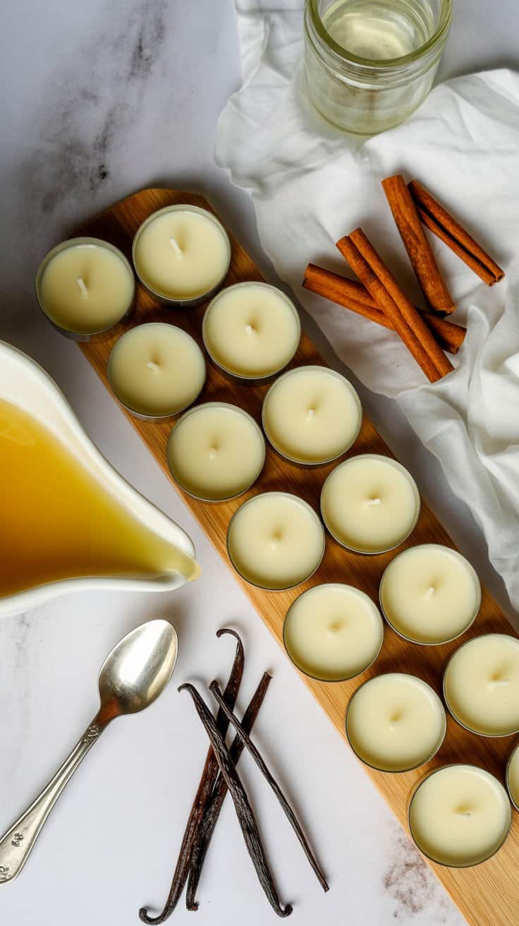 Candlelit candles with cinnamon sticks and herbal tea for cozy relaxation. Perfect for meditation and ambiance.