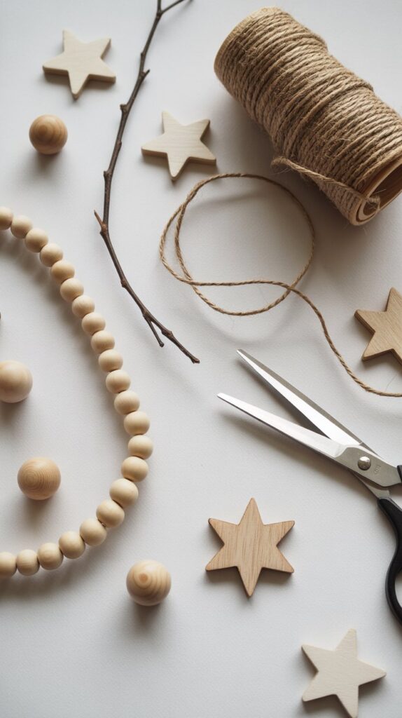 Crafting supplies including wood beads, star shapes, twine, and scissors for creative projects.